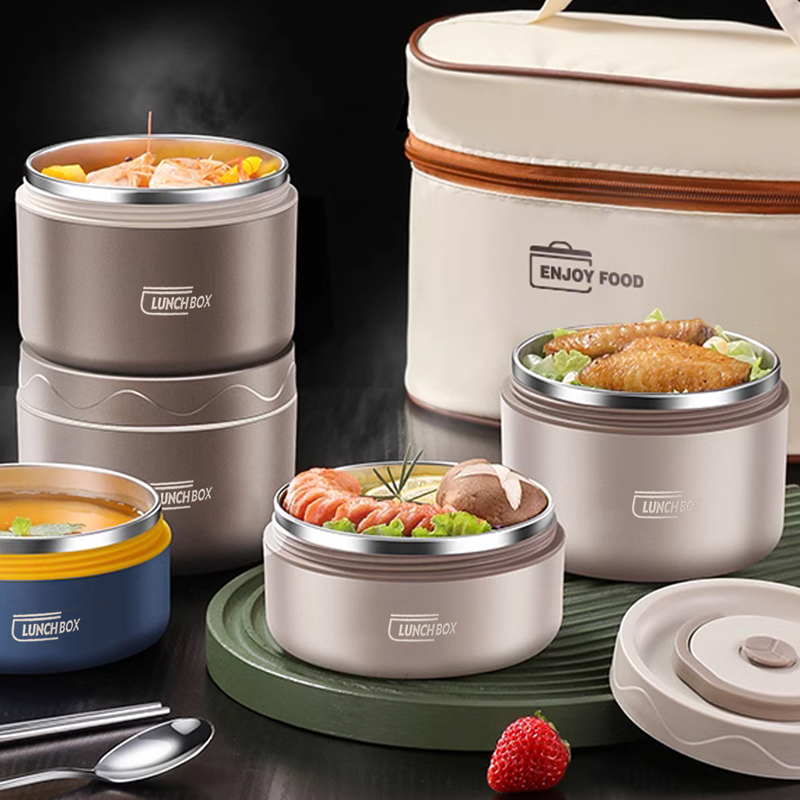  304 Stainless Steel Insulated Lunch Box with Storage Bag Portable Double-layer Covered Lunch Box Office Student Sealed Lunch Box 