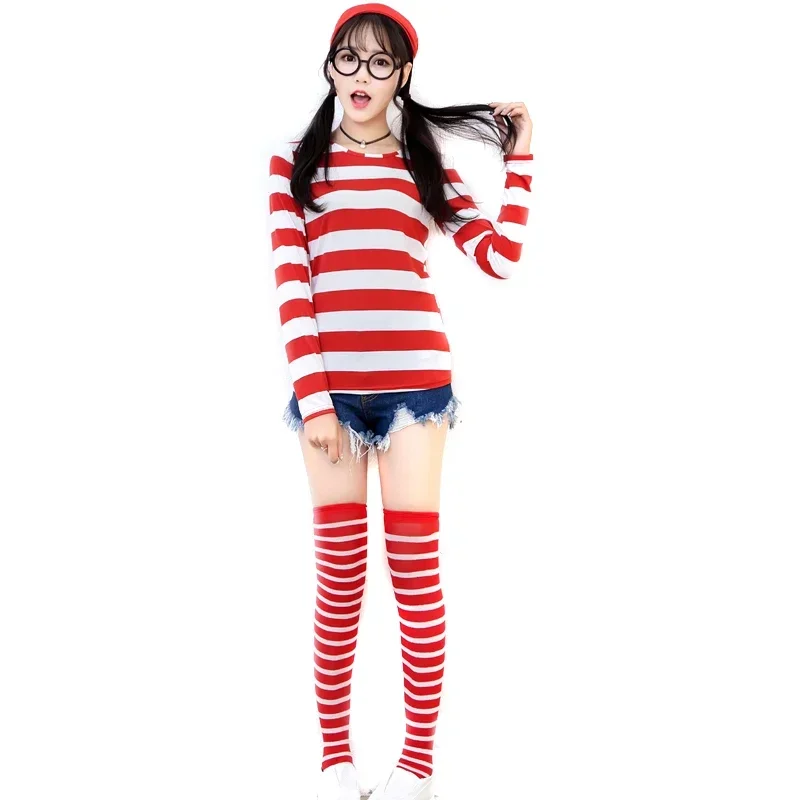 Where's Wally Waldo Cartoon Outfit Adult Woman Red Stripe Clother