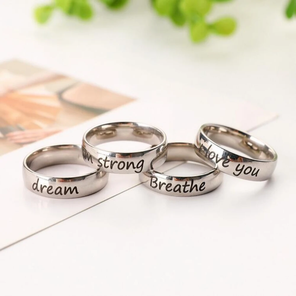 Texture Silvery Stainless Steel Rings Engraved Inspirational Words Fashion Jewelry Gift 1pc