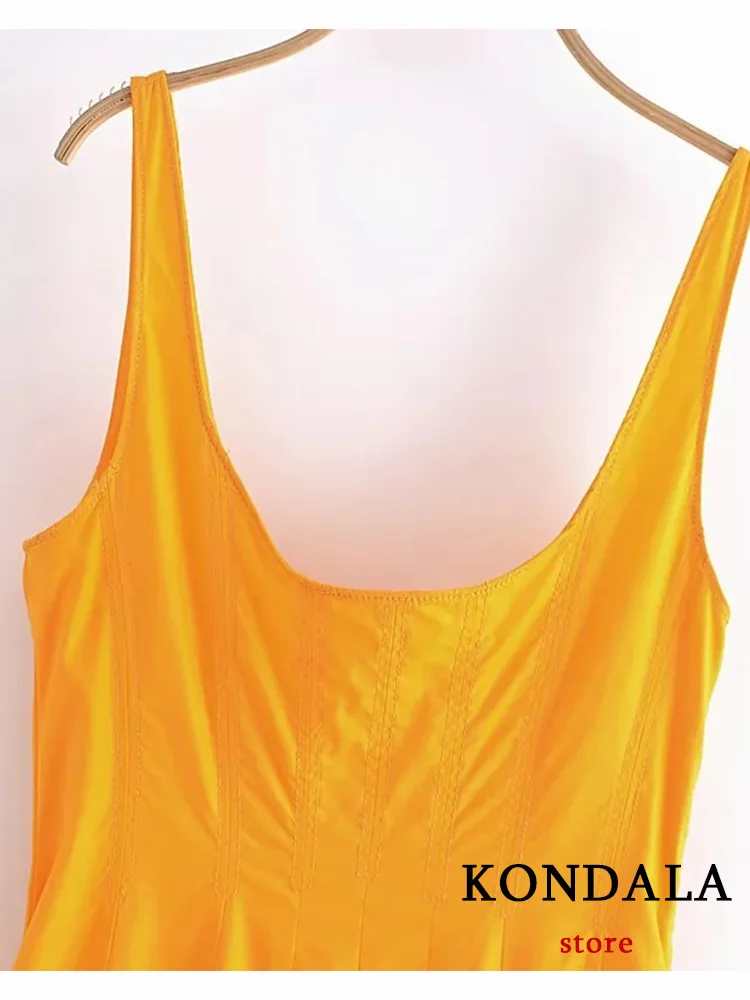 Kondala Sexy Cami Lange Jurk Vrouwen Oranje Solid Rits Vierkante Kraag Ruches Zomer Jurk Vrouwelijke Mode 2023 Vakantie Vestidos