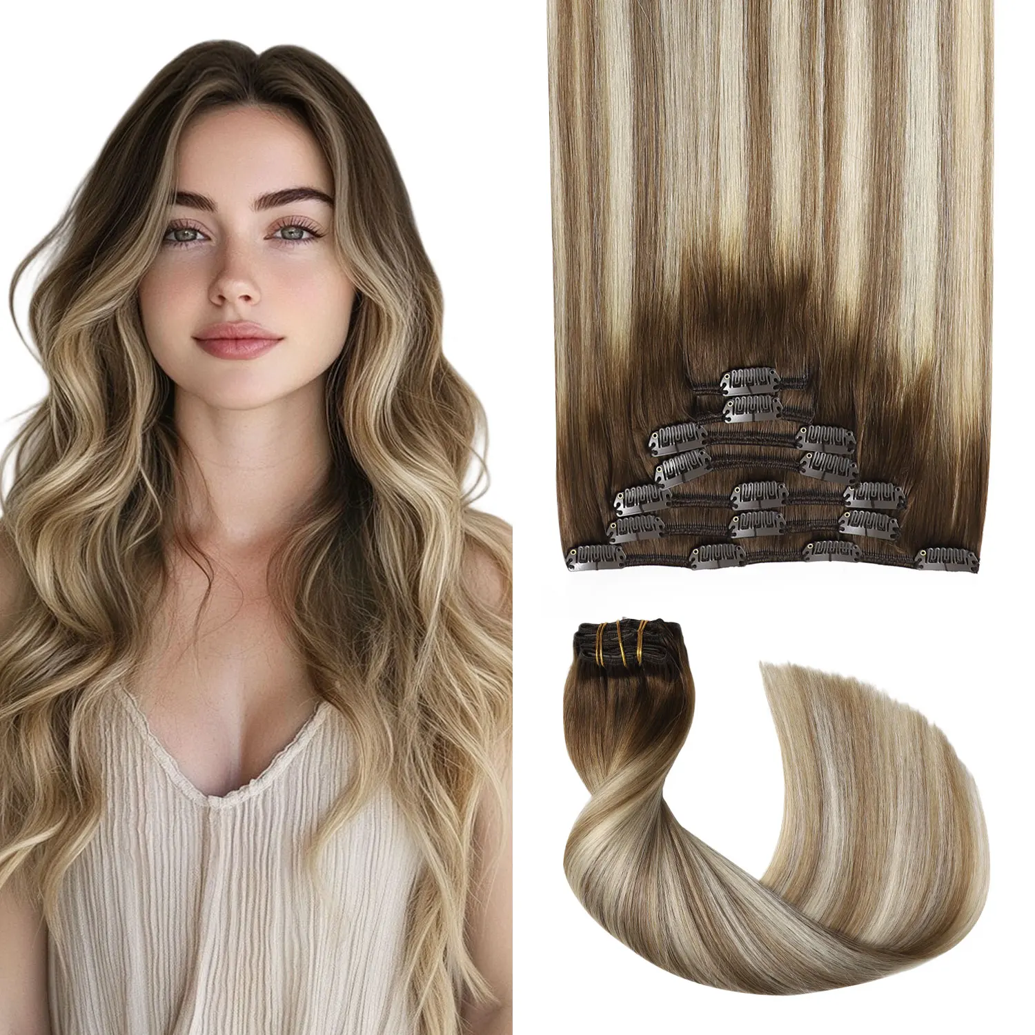 Clip in Hair Extensions Real Human Hair 7pcs #3/8/22 Walnut Brown to Ash Brown and Golden Blonde Remy Real Human Hair Extensions