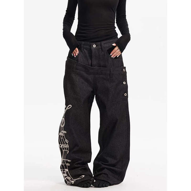 YIBASHU Women Gothic Vintage Emo Y2K 2000s High Waist Embroidery Jeans American Oversize Loose Black Casual Cargo Wide Leg Pants