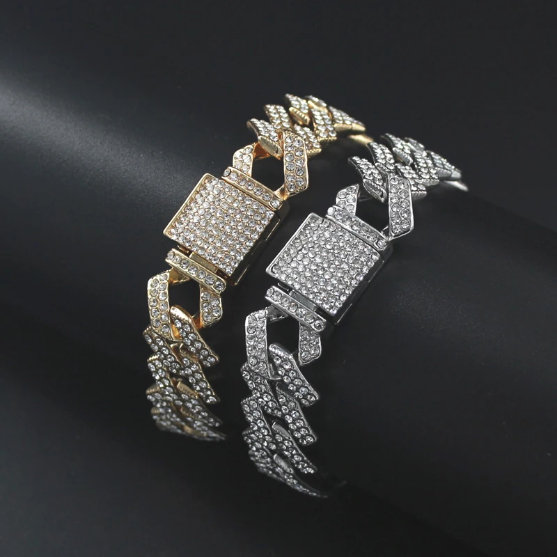 Hip Hop 15MM Rhinestone Prong Iced Out Cuban Link Chain Bracelet Men Women Silver Gold Color Rhombus Cuban Bracelets Jewelry