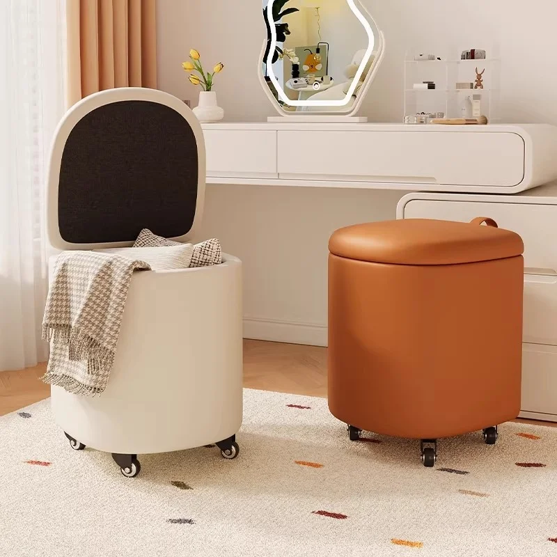 Makeup Stool Movable Bedroom Storage Dressing Stool Cream Wind Rotating Universal Low Stool Light Luxury High-end Leather Chair