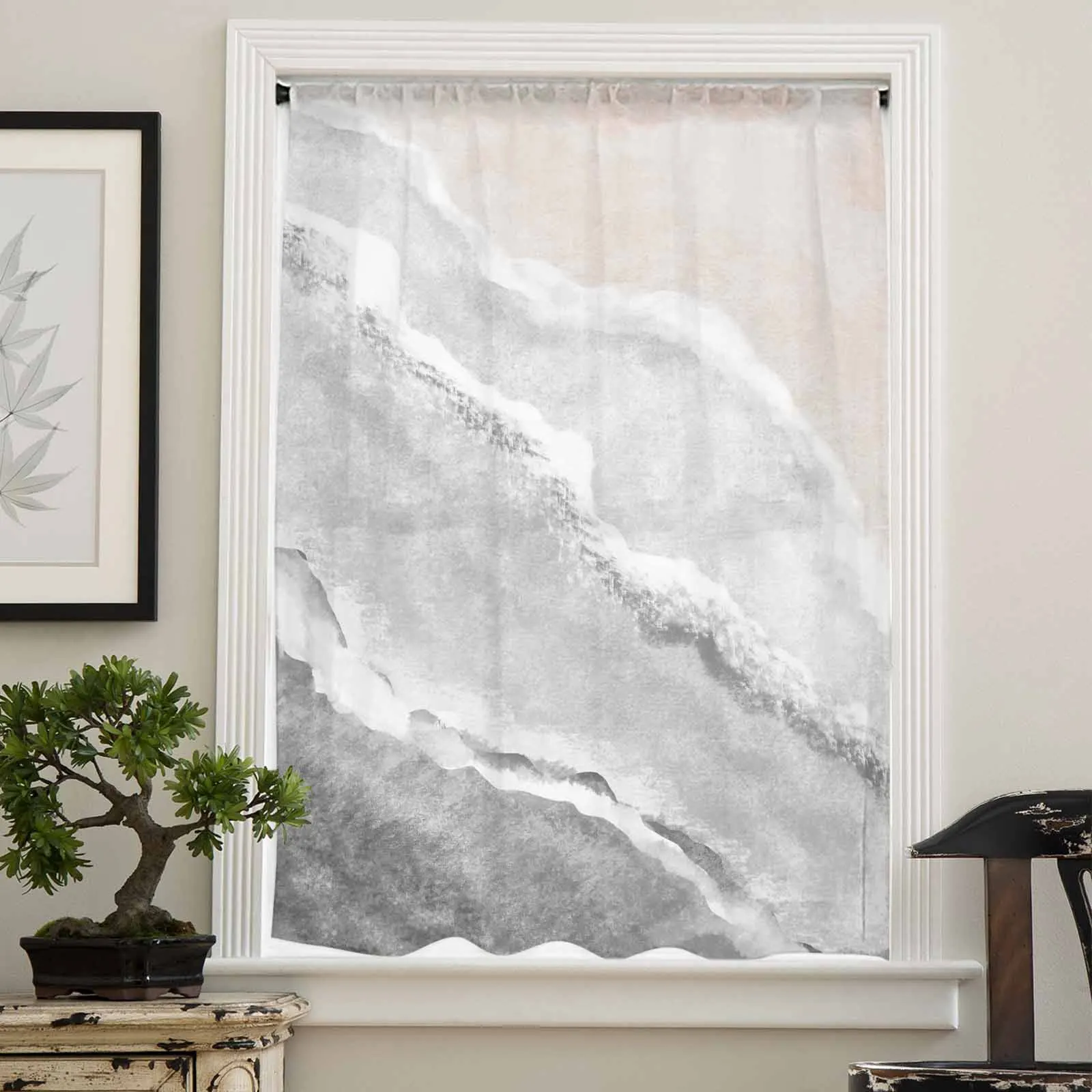 Ocean Waves And Beach Gray Gradient Sheer Curtain Living Room Drapes Home Bedroom Voile Curtain Tulle Window Curtain