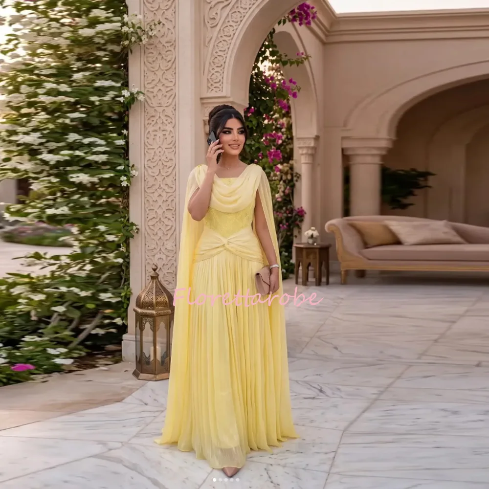 Yellow Chiffon Prom Dresses Elegant Draped Cape Prom Dress Floor Length Pleated Lace Formal Party Gown Customizd