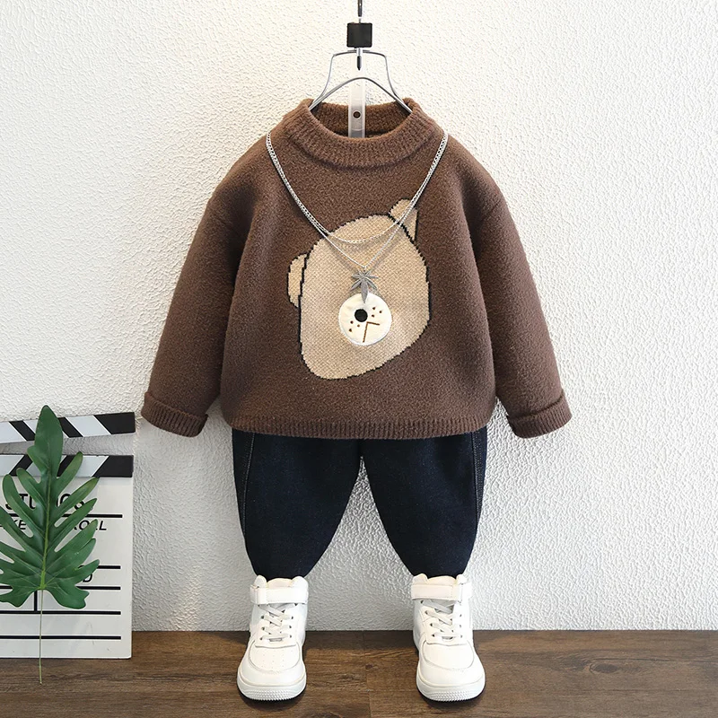 

Faionable Cartoon Bear Head Kids Sweater round Ne Pullover Autumn Winter ex Cotton Long Sve Warm Base irt