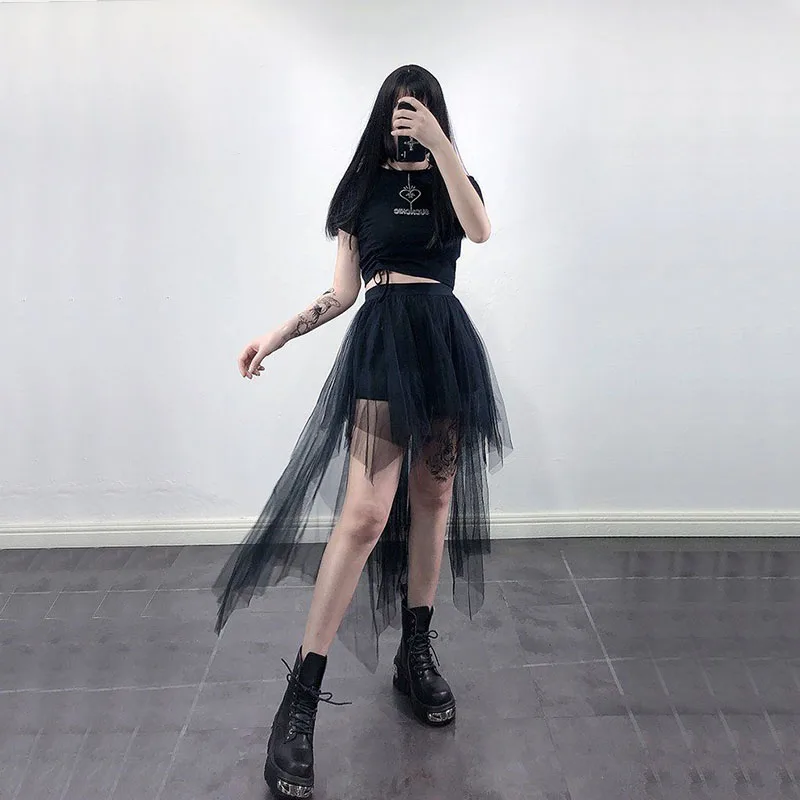 Gothic Black Tulle Skirt Women Summer Fashion High Waist Streetwear Irregular Midi Skirts Chic Dark Series Punk Stitching Skirts