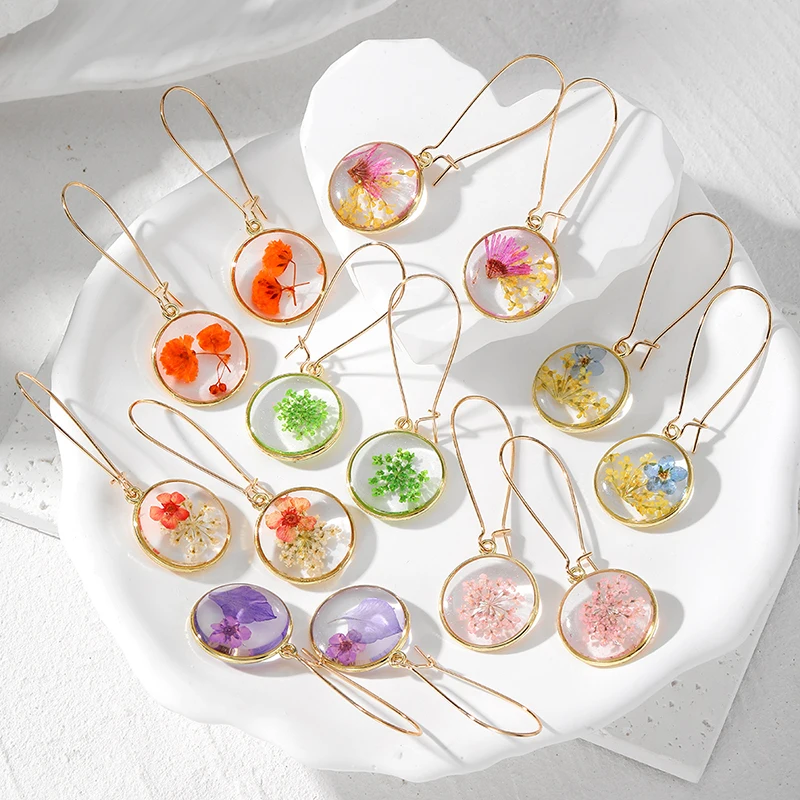 Round Colorful Dried Flower Plant Hoop Earrings For Women Fashion Unique Real Flower Pendant Drop Earring Party Wedding Jewelry