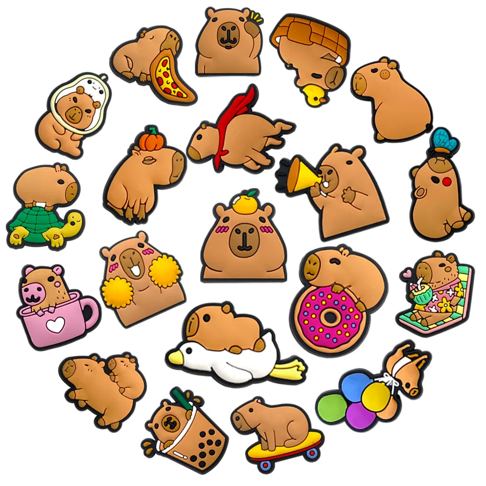20PCS set Cute Capybara Shoe Charms PVC Clog Buckles, Bubble Tea Donut Skateboard DIY Sandal Animal Decor Party Gift