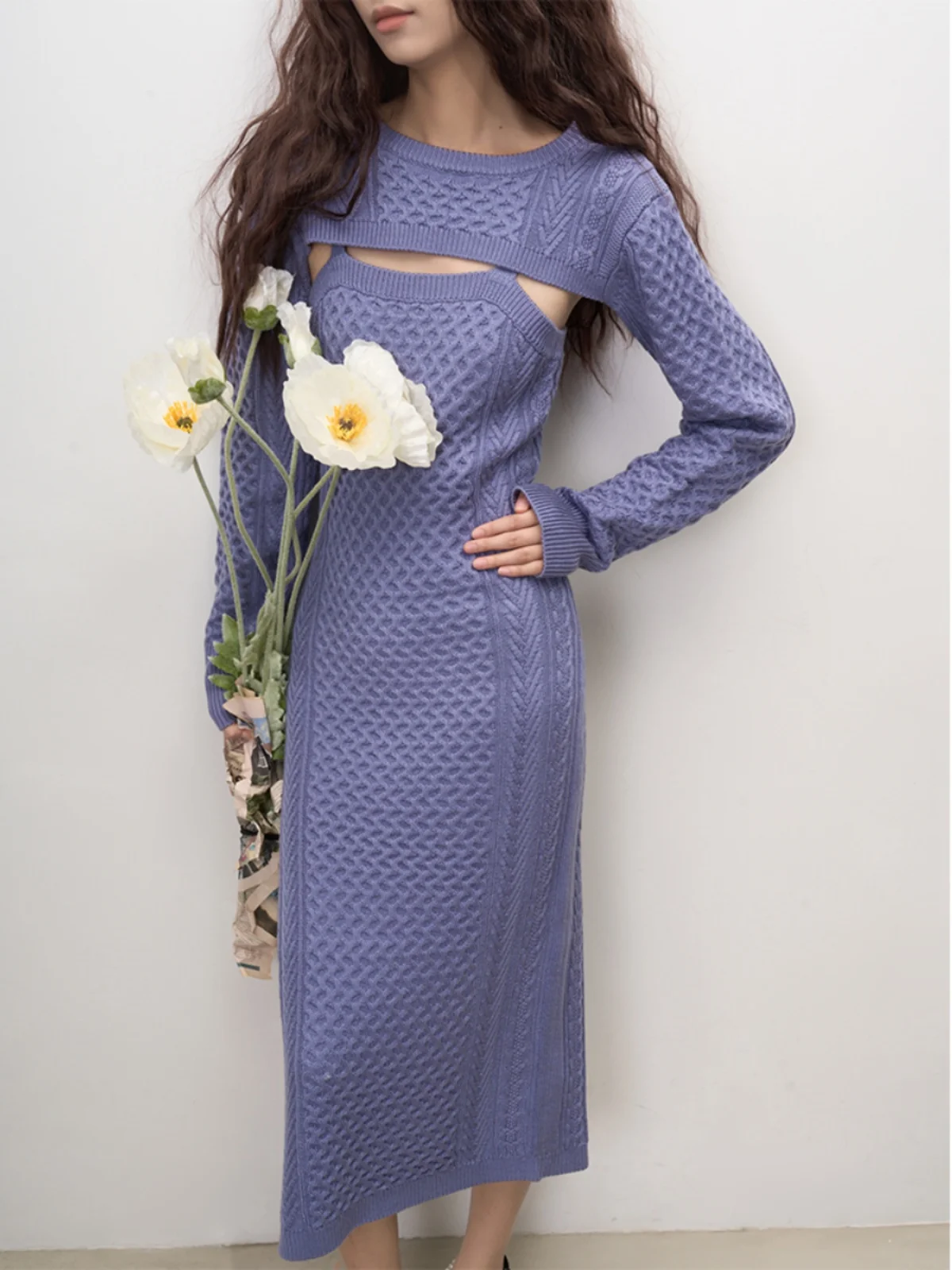 

LANVIVIER Lazy Sexy Artistic Sle Long Knitted Dr Two-Piece Set Textured Knot Long Sve round Ne Wool Blend Dr