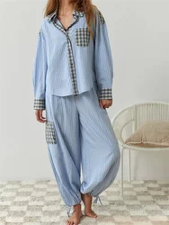 CHRONSTYLE Women Pajama Sets Plaid Patchwork Long Sleeve Button Closure Shirts Elastic Waist Pants Sleepwear Loungewear 2024 New