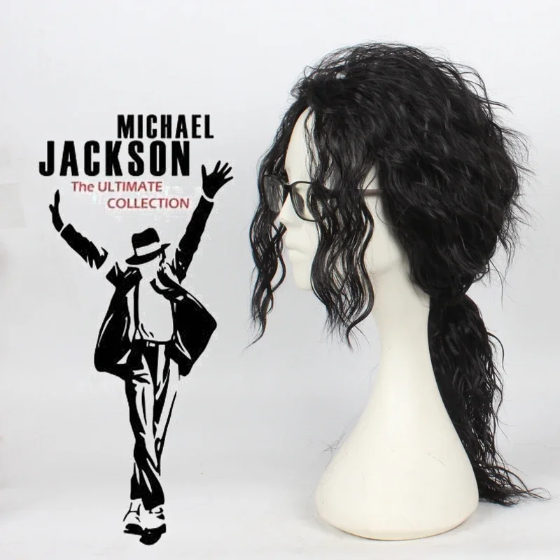 Anime Michael Jackson Cosplay Michael Cosplay Black Wig Michael Role Play Medium Long Curly Black Hair Wig Hat Halloween Cos
