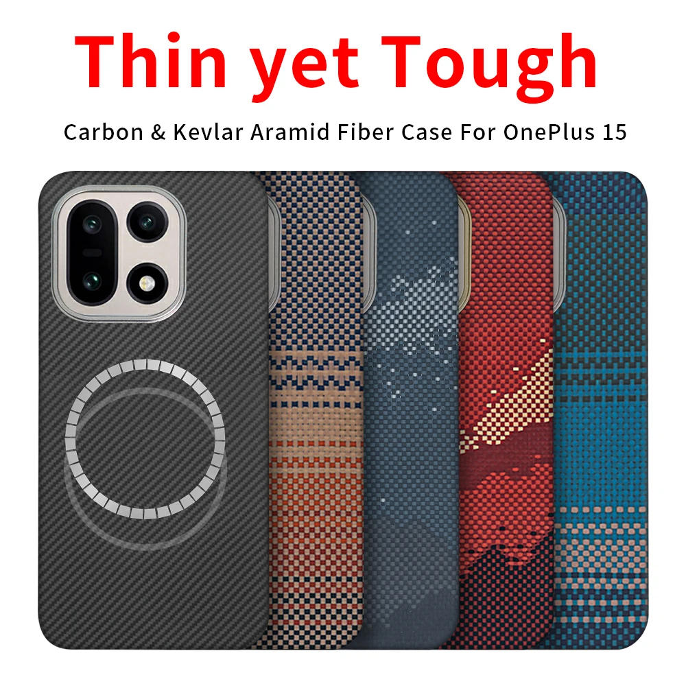 

Чехол для OnePlus 15 из углеродного арамидного волокна (кевлар), тонкий, жесткий, с поддержкой MagSafe, магнитный, черный, тонкий, легкий, красный, 600D, премиум, 1500D