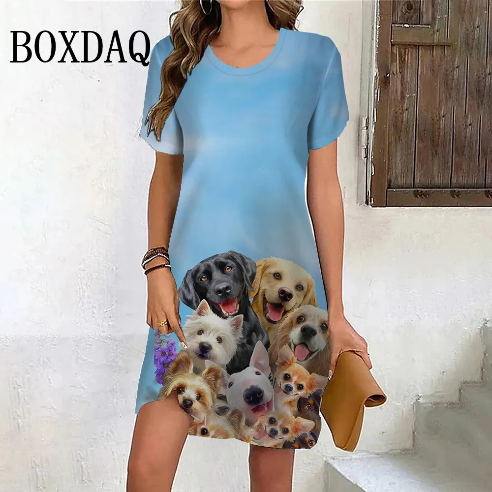 Animal Dogs 3D Print Dresses Women Fashion Oversized Dress Summer O-Neck Short Sleeve Casual Kawaii Clothing Streetwear Vestidos