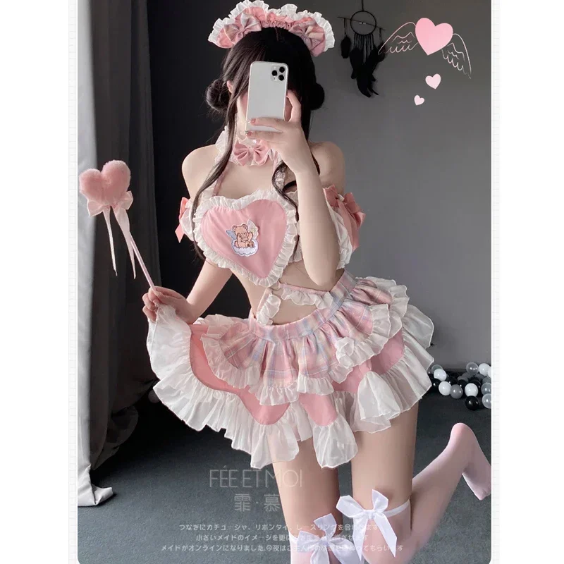 Dropship Candy Girl Sweet Cake uniforme de sirvienta Lolita Anime princesa Bowknot Halter Love Ruffle Aporn traje ropa de dormir conjunto de lencería