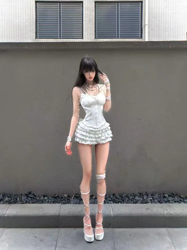 Coquette Lace Corset 2 Piece Set Women Slim Fit Strappy Cami Top High Waist Ruffle Mini Skirt Sexy Summer Party Clubwear Outfit