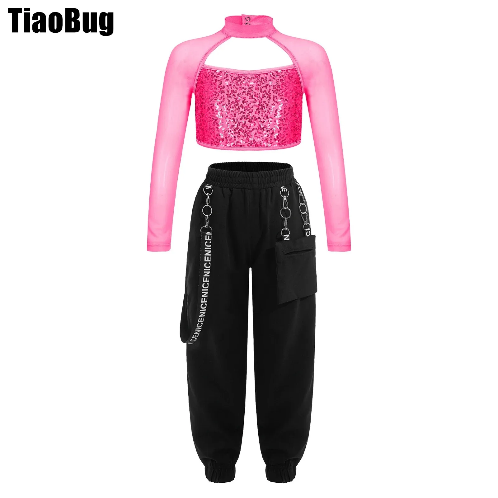 

Kids Girls Sequin Dance Outfit Shiny Decorated Cutout Crop Top with Elastic Waistband Pocket Pants for Performance Competition