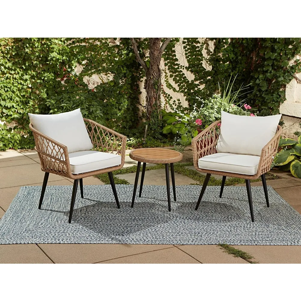 3 Piece Chat Set, Aluminum Frame + Tan Wicker + Linen Cushions