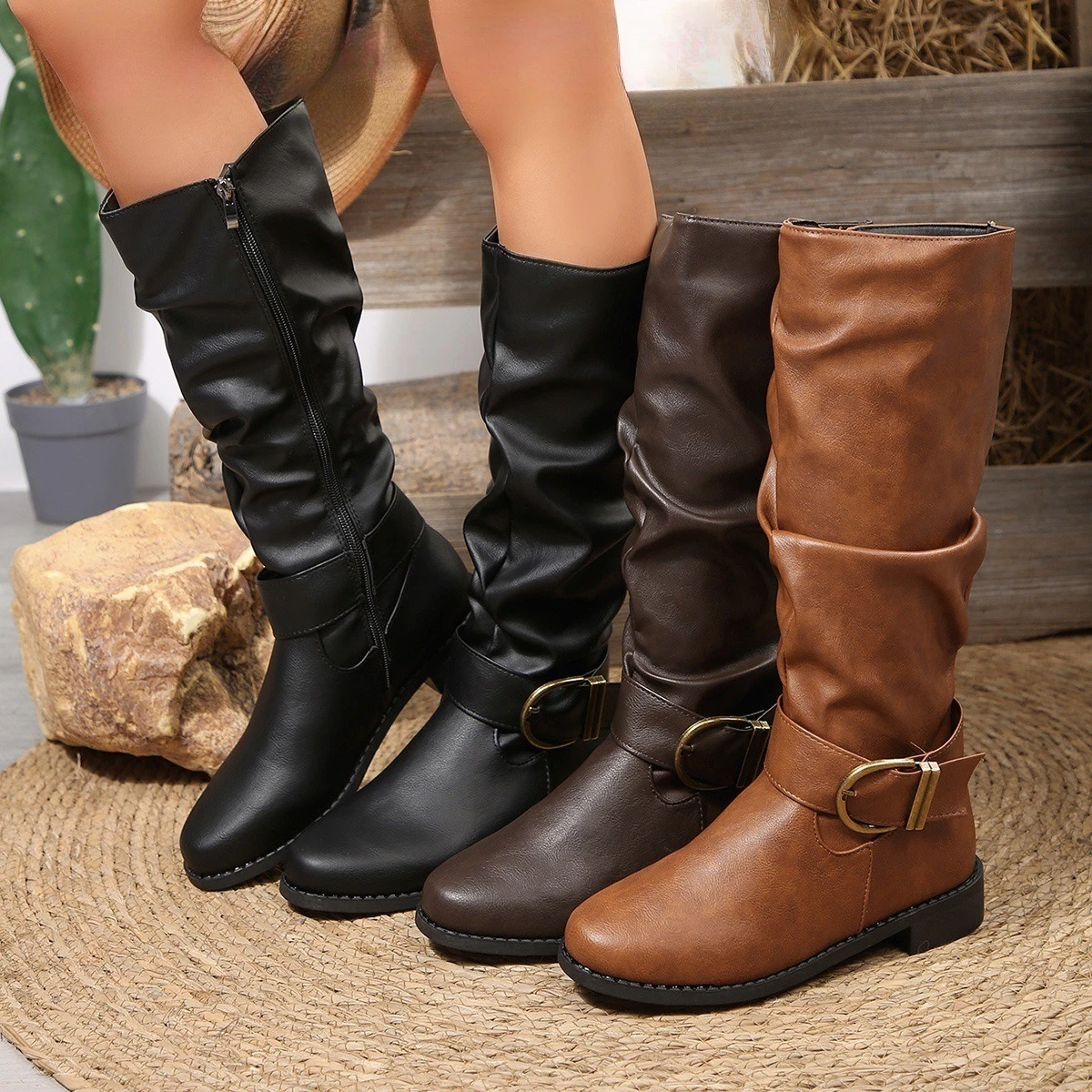 

Vintage Brown Women Knee High Boots Big Size Low Heels Platform Long Boots Autumn Winter Pu Leather Zip Women Warm Booties