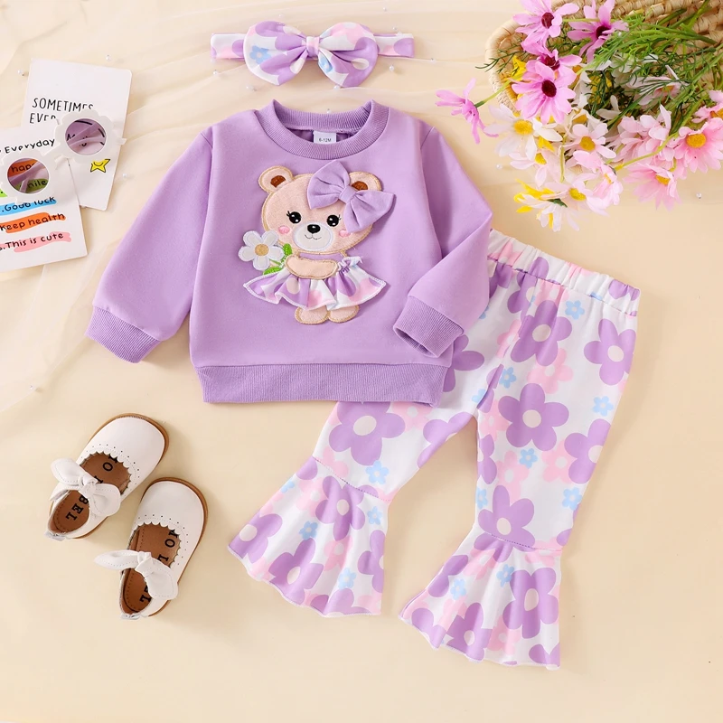 Cute Toddler Girl Autumn Ensemble Bear Embroidered Sweatshirt Floral Flare Pants Headband - 3 Piece Set for Fall