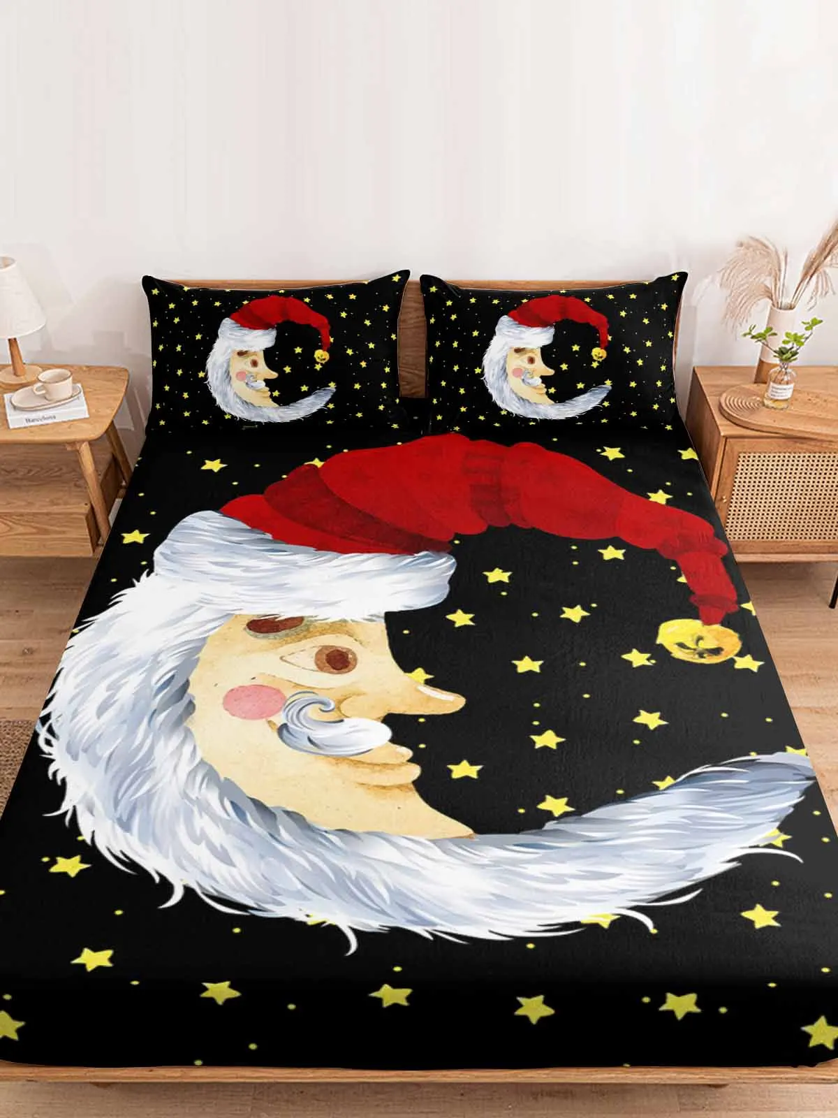 Christmas Santa Claus Moon Black Stars Fitted Sheet Mattress Cover Four Corners Elastic Band Bed Sheet With Pilllowcase