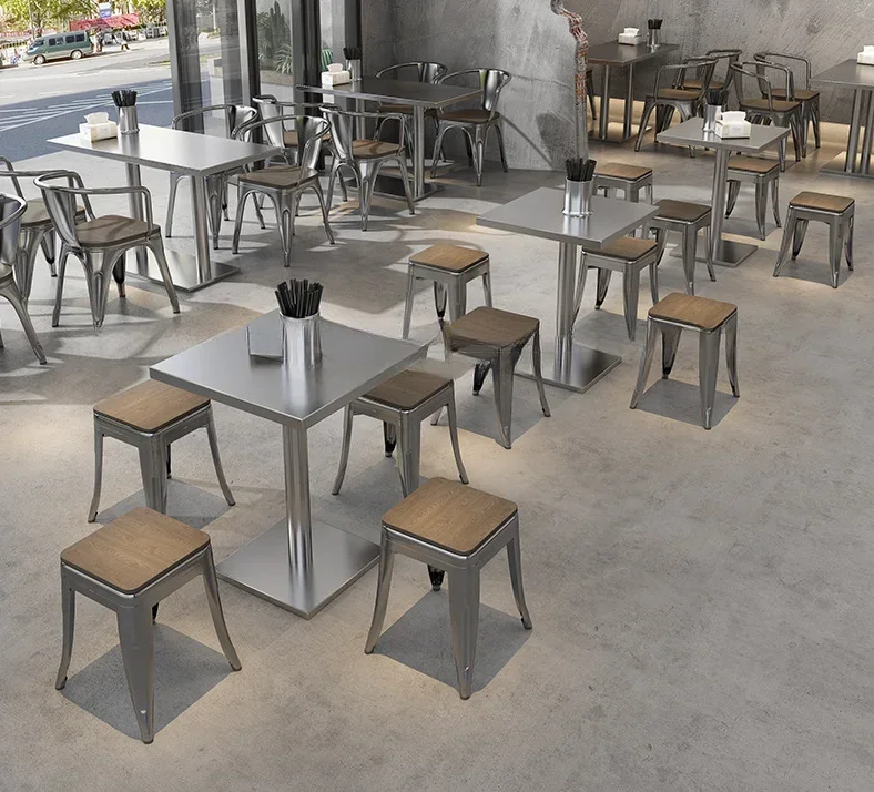 Internet celebrity snacks, barbecue supper stainless steel table and chair combination, wrought iron stool commercial