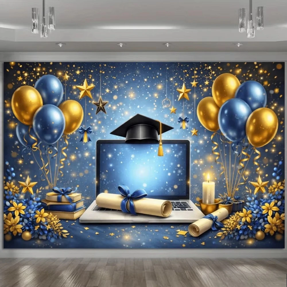 Graduation Season Blue and Gold Balloon Themed Banner Backdrop, Adult Birthday Party, Home Decoration Photography Backdrop Cloth