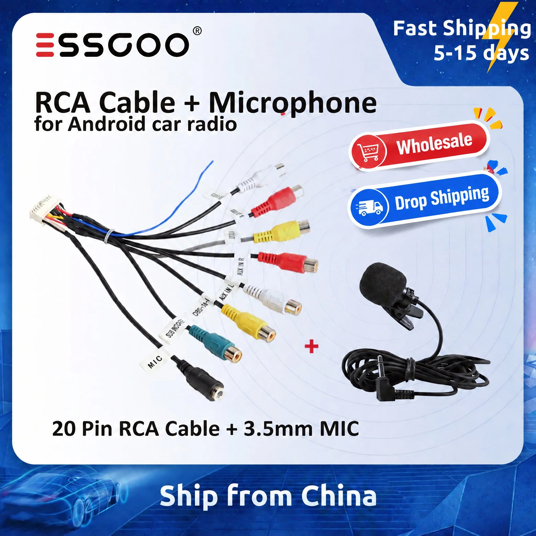 ESSGOO Car Radio 3.5mm Microphone Subwoofer Wires Mic 20 Pin RCA Cable For Android Stereo Output Subwoofer Kit
