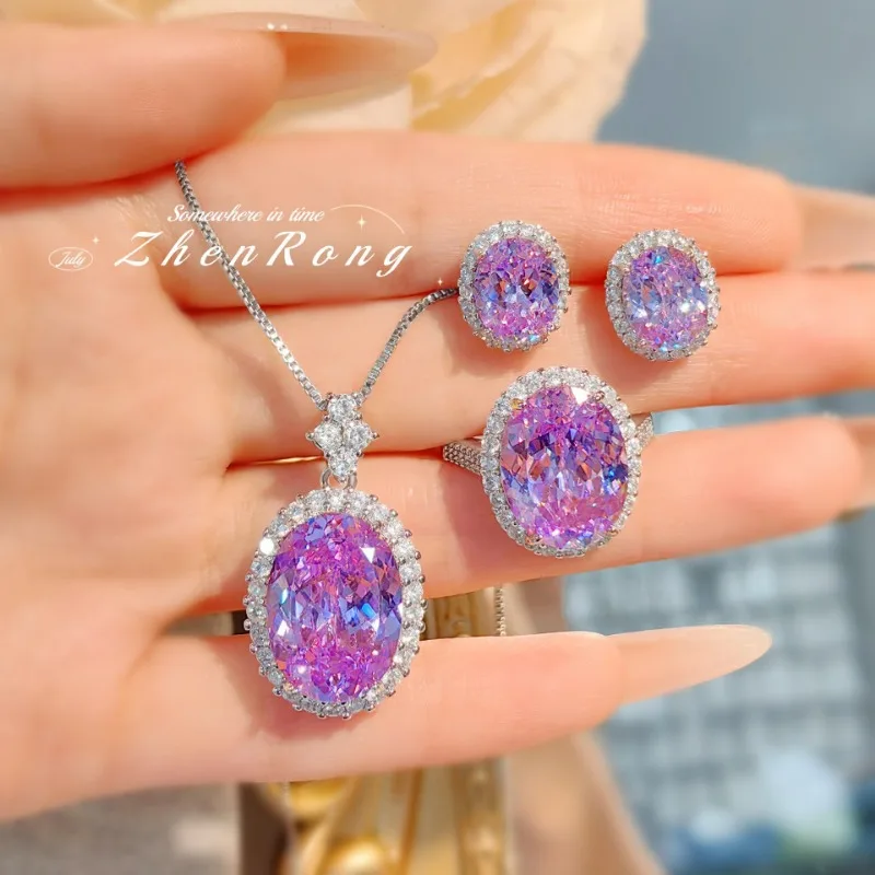

Heavy Industry Color Diamond Pigeon Egg Pendant Necklace Chinese Red Ice Flower Cut High Carbon Diamond Stud Earrings Pu