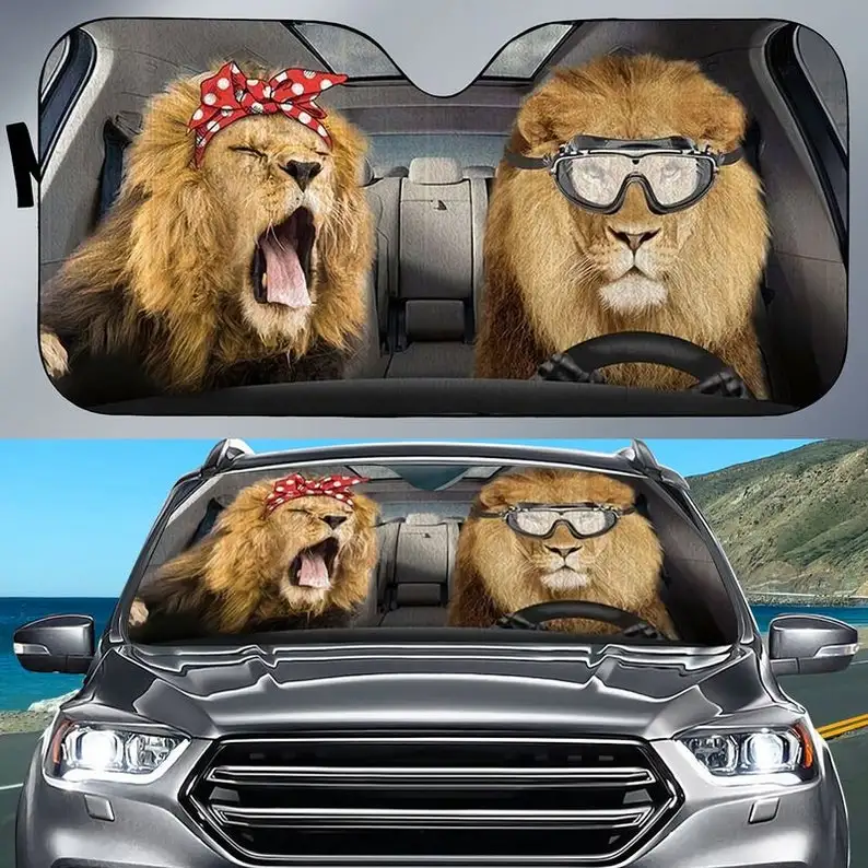 Cute Lion Couple Car Sunshade Lion Pretty Lion Driving Car Lion Lover Couple Gift Windshield Sunshade Oxford Cloth Windshield Ca