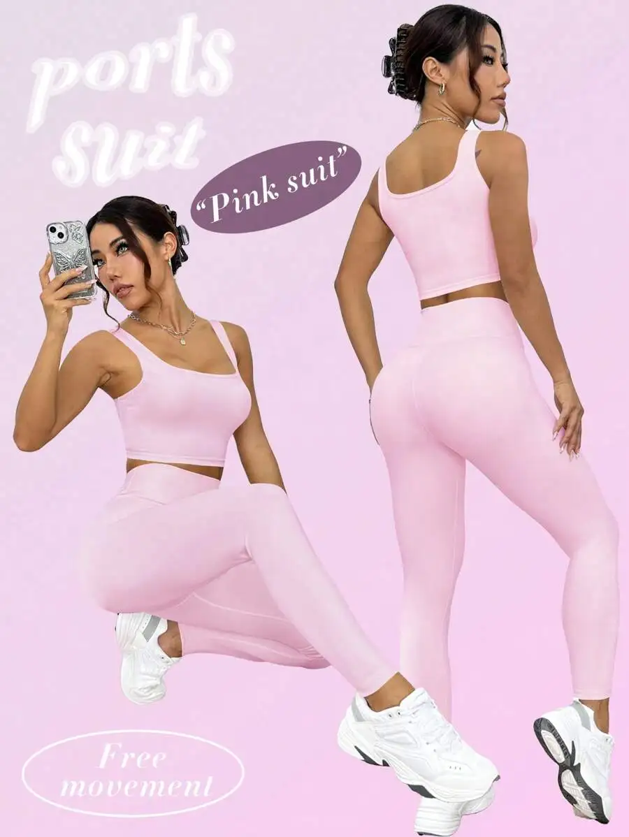 

Womens 3-Piece Yoga Set Scoop Neck Tank Top High Waisted Leggings Butt Lifting Activewear Sports Suit