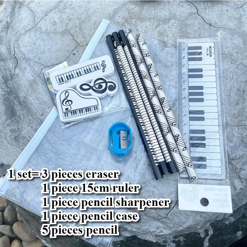 1Set Creative Music Piano Theme Pencil Bag Stationery Ruler Pencil Sharpener Eraser Pencil Music Lover Stationery Student Gifts