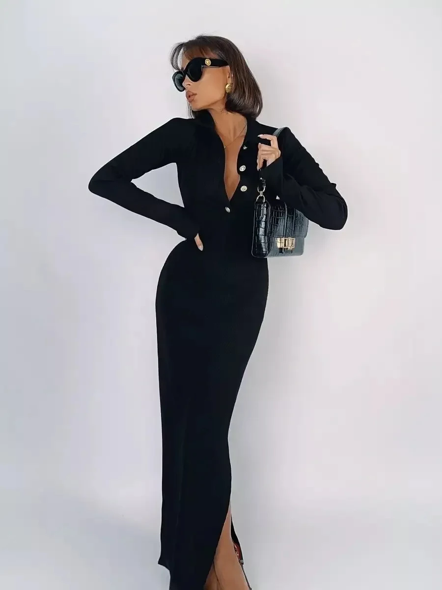 Women's Trendy Tight Noodle Long Evening Dress Women's Polo Collar Button Neck Long Sleeve Fitted Silt Side Knit Evening Dress