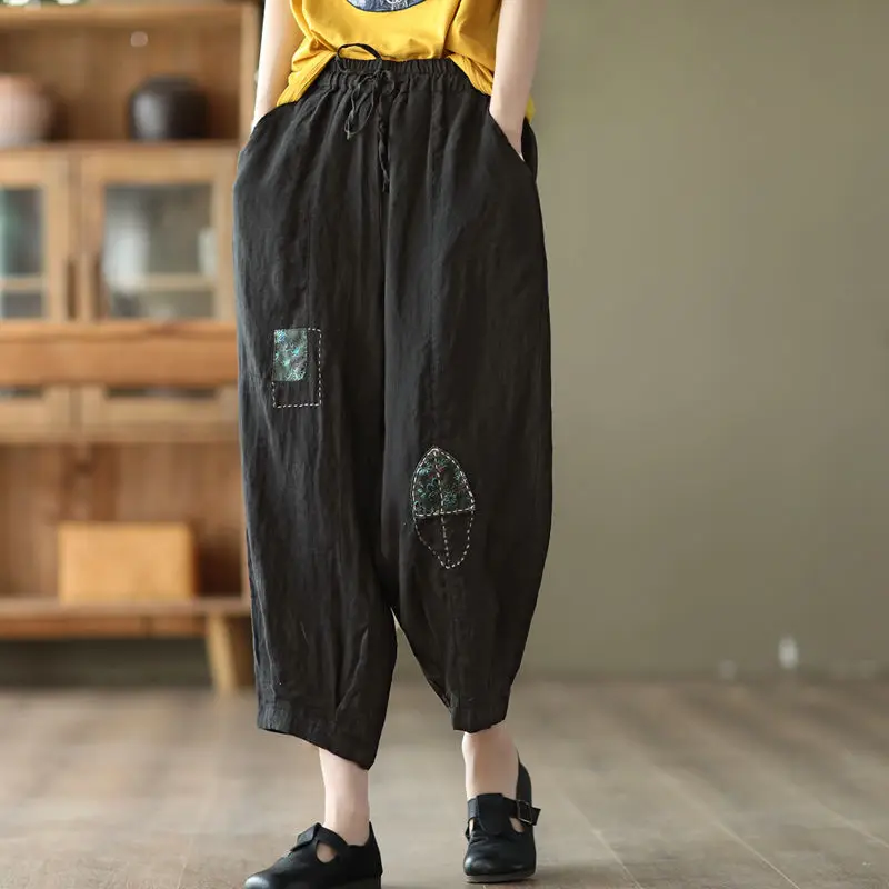 Women Vintage Ethnic Style Patches Baggy Comfortable Cotton Linen Harem Pants Summer Female Simple Casual Loose Cropped Trousers