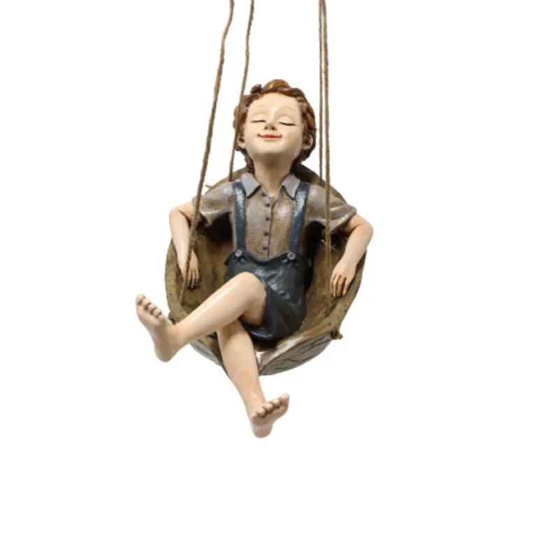 Cute Walnut Boy Swing Figurine Creative Resin Craft Ornament for Home Balcony Garden Patio Decor
