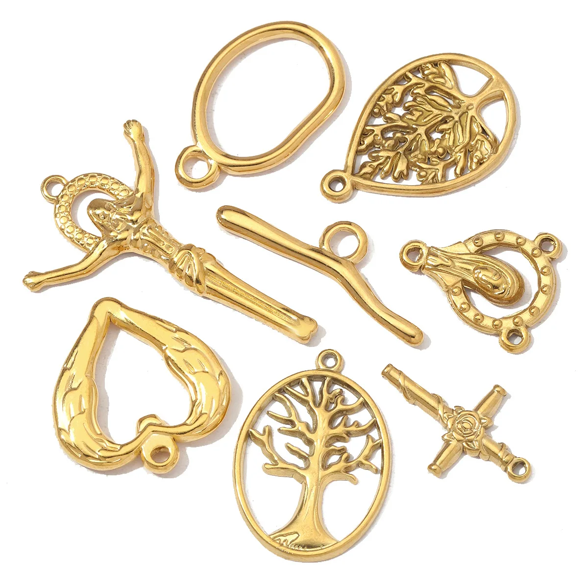 Lote de 5 piezas de dijes y colgantes de acero inoxidable para pulseras DIY y collares, con diseños de cruz, corazón de Jesús, árbol de la vida y círculo, para mujer, con cierres OT, al por mayor