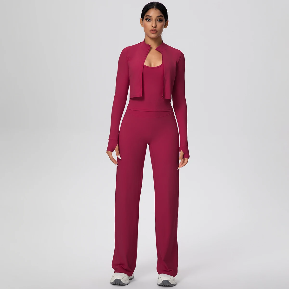 طقم يوجا رياضي للياقة البدنية سريع الجفاف للنساء، حمالة صدر بحزام عاري اللون مع وسادة صدر وسحاب وأكمام طويلة #2