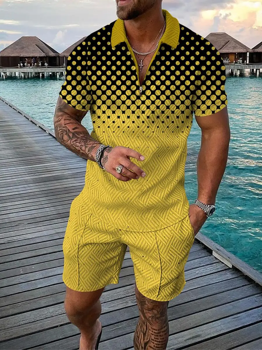 

Fun 3D Polka Dot Printed men's short-sleeved suit, Fashionable Zipper Polo Shirt And Shorts 2-piece set, Summer Street Casual