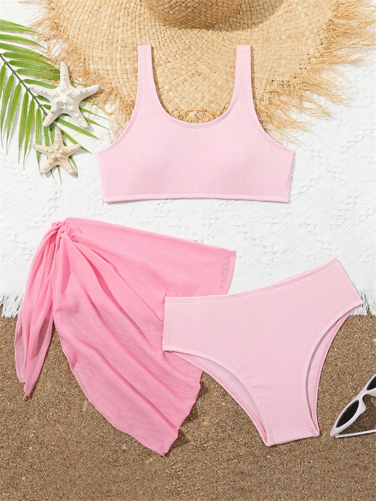 Kids Swimsuit Girls Bikini 2024 New Solid Ribbed Sling Bikinis Set Children Swimwear Summer Three Piece Beachwear Bathing Suits