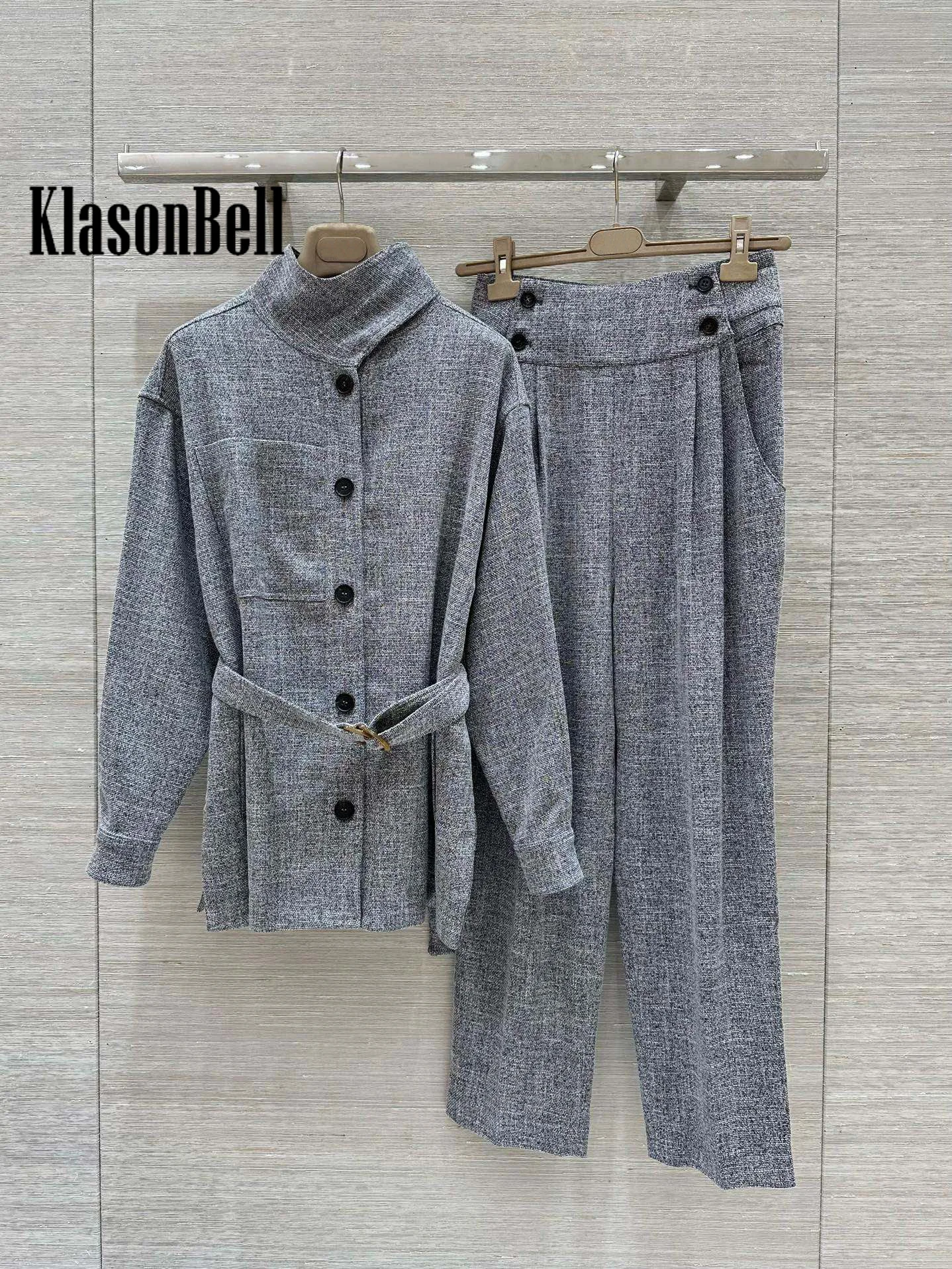 7.26 KlasonBell Women Wool Cotton Blend Stand Collar With Sashes Stand Waist Jacket Coat Or Double Button High Waist Pants Set