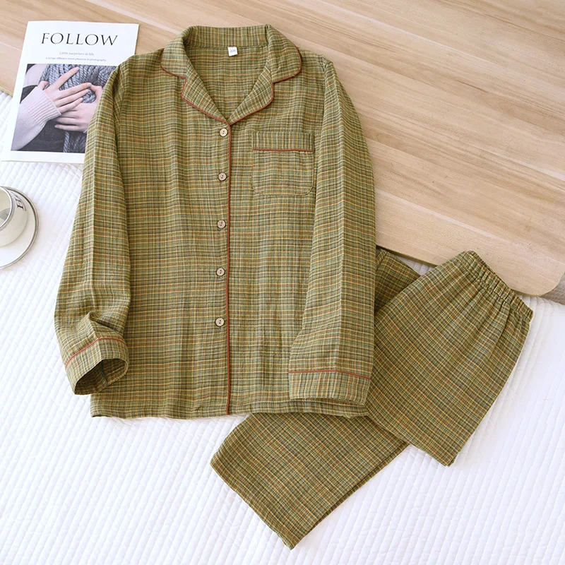 2025 Women's New Spring and Autumn Pajama Set 100% Cotton Long Sleeve Long Pants Two Piece Set Loose Collar Home Clothes Ladies