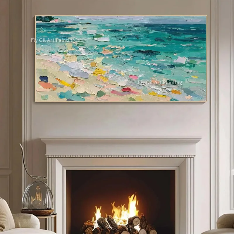 Special Light Blue White Canvas Thick Ocean Wave Oil Painting For Living Room Decor Hand Made Green Blue Seascape Wall Art