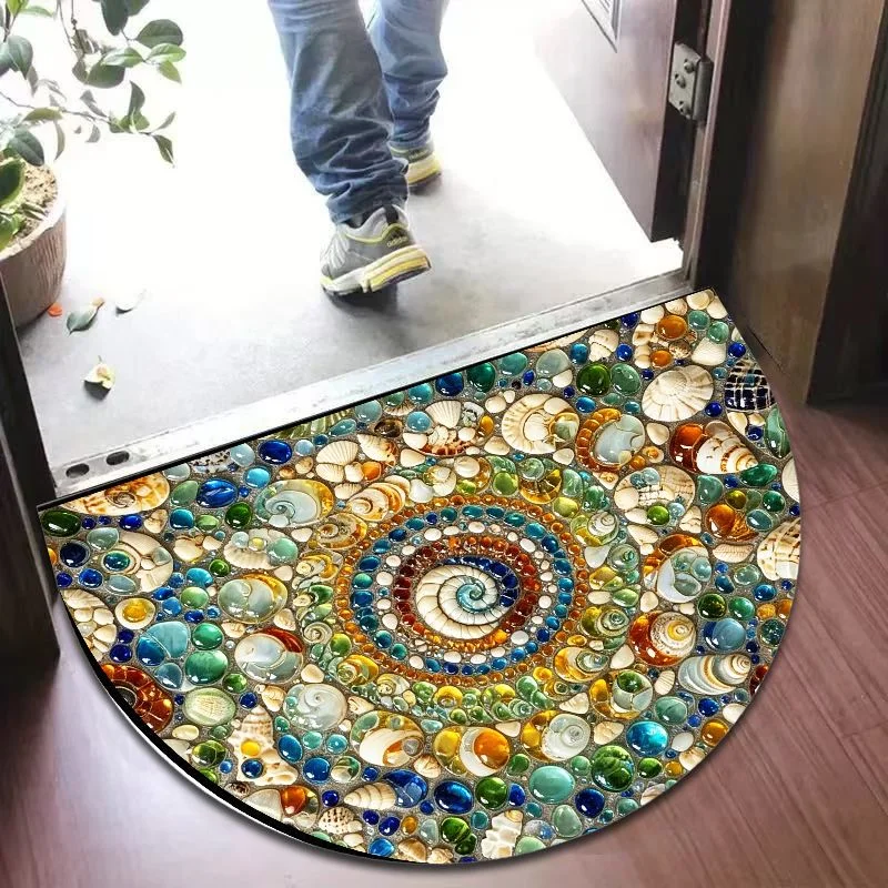 VIKAMA Half Round Conch Shell Mosaic Doormat 3D Pebble Visual Non Slip Boho Entrance Absorbent Rug Front Door Floor Mat