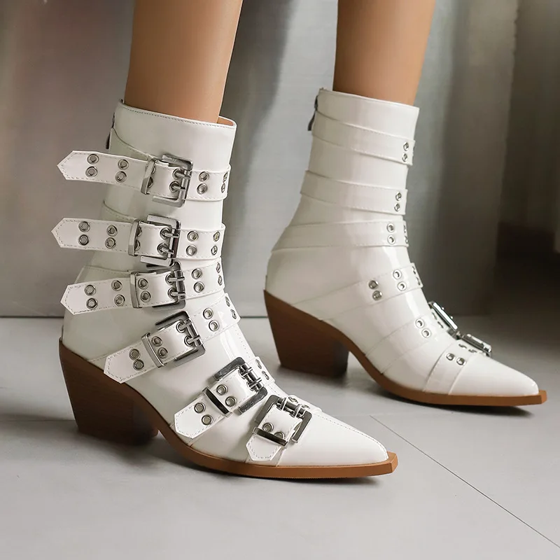 Women's Fashion Patent Leather Pointed Punk Style Belt Buckle Pullback Short Boots European and American Sexy Banquet Boots