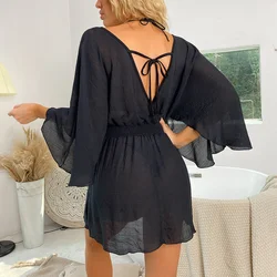 Sexy Swimwear V Neck Bathing Suit Women Backless Beach Cover Up Sarong Tunic Beach Wear Vacation Swimwers Lady Transparent Dress