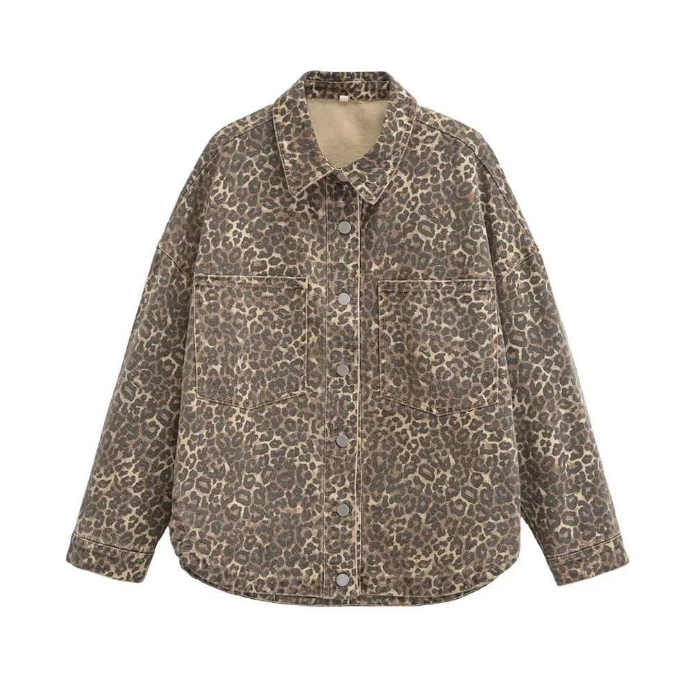 Kar&Otza 2024 Autumn new women's collar  long sleeved loose cardigan animal print denim shirt jacket