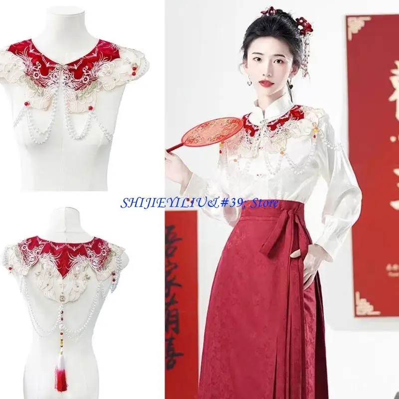 E21F False Collar Lace Shawl Wrap Yunjian Collar Detachable Embroidery Hanfu Floral Decorative Chinese Yunjian Tassels