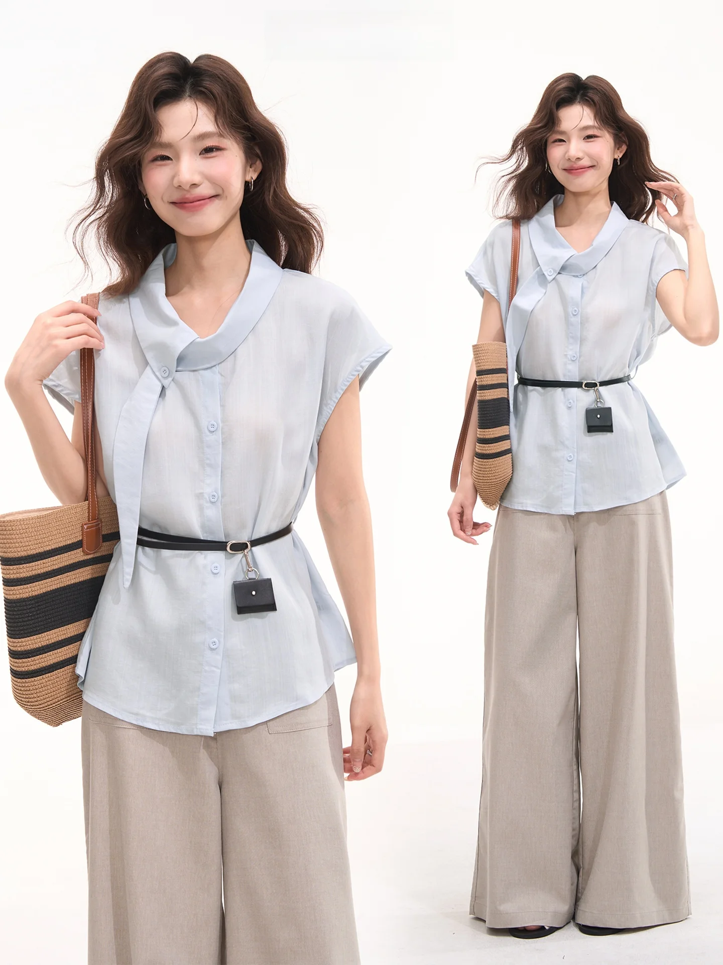 

Knot Design Shirt Women's Korean Style Casual Summer Top Hem Window Heme High Intelligence Limited Edition Commuting Tie