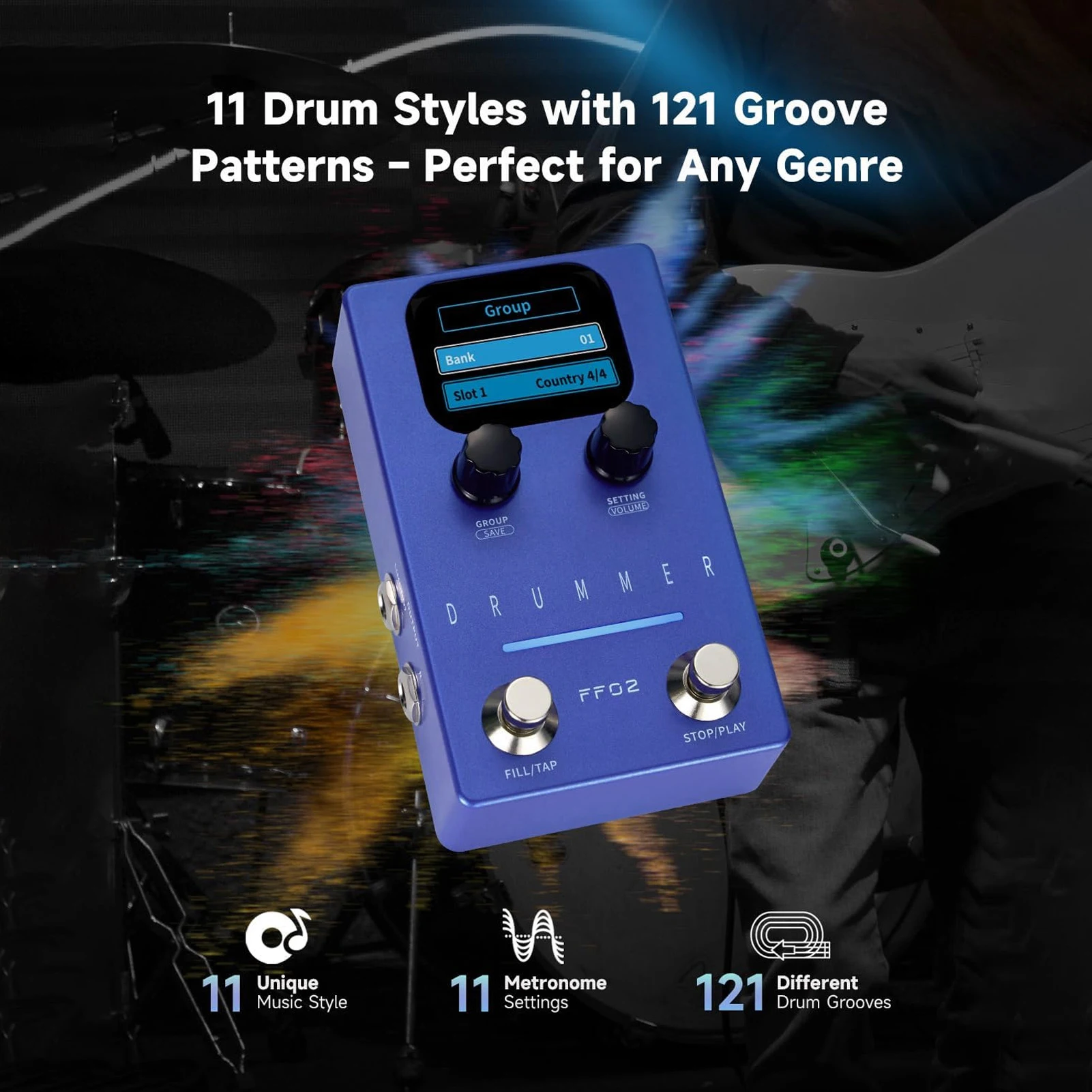 FLAMMA Drum Machine Gitarreneffektpedal 121 Drum Groove 11-Style Rhythmuspedal 66 anpassbare Schlitze Rhythmisches Gitarreneffektpedal